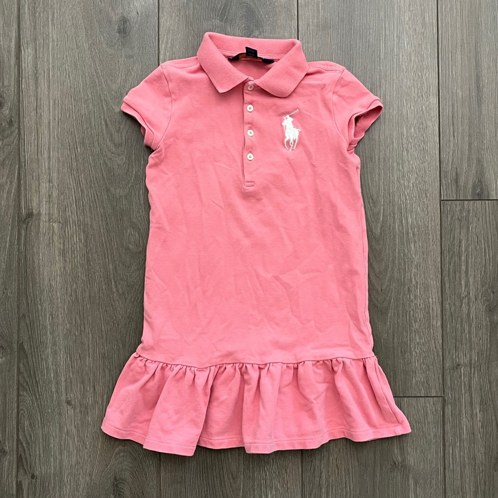 Polo Ralph Lauren Girls Pink Short Sleeve Ruffle Hem Polo Dress Size 5
